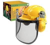 BLOSTM Yellow Chainsaw Helmet with Visor, Safety Helmet with Integrated Earmuffs and Steel Mesh Visor