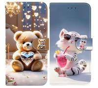 BLOTECH Art Designed Flip Wallet for Redmi NOTE 14S 4G,Case*2 Little Bear + Kitten drinking juice Design Protection with Standing Card Holder and Wrist Strap for Redmi NOTE 14S 4G