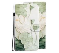 BLOTECH Art Designed Flip Wallet for Samsung Galaxy A72,Case Fancy Green 3D Effect Lotus Leaf and Lotus Root Illustration Protection with Standing Card Holder and Wrist Strap for Samsung Galaxy A72