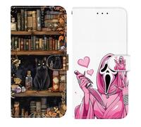 BLOTECH Case*2 for Nokia 2.3 Pink Ghost+ Black Cat in the Bookshop Painting Pattern Multifunction Leather Phone Case Wallet Flip Cover with Multi Card Slots Pocket Wrist Strap for Nokia 2.3