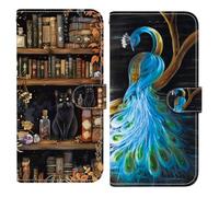 BLOTECH Case*2 for Redmi A7 4G Peacock + Black Cat in the Bookshop Painting Pattern Multifunction Leather Phone Case Wallet Flip Cover with Multi Card Slots Pocket Wrist Strap for Redmi A7 4G