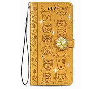 BLOTECH Cover for Honor Magic 7 PRO Wallet Flip PU Leather Case Double-sided Pressed Cut Cat Dog Pattern Yellow PU Leather [with Lanyard Strap] Card/Cash Holder Slots Pouch