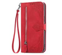 BLOTECH Embossed Folio Flip for Phone Alcatel 1B 2020 Case Wallet PU Leather Case Cell phone Shell Kickstand with ID Credit 7 Card Slots Skin Cases Covers and Lanyard Strap Zip Coin Purse Cover,Red