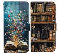 BLOTECH Flip Phone Case*2 for Xiaomi POCO F3 PU Leather Landscape Black Cat on the Bookshelf+ Book Butterfly Magnetic Closure, 3 Card Slots, Foldable Kickstand & Wrist Strap,Flip Wallet Leather Cover