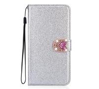 BLOTECH Flip Shiny Case for Samsung Galaxy M36 Glitter Pocket Sparkle PU Leather + TPU Bumper + 3D Diamond Love Buckle Bling Glitter Wallet Folio Cases Sparkly Cover for Samsung Galaxy M36 - Silver