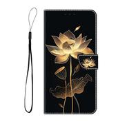 BLOTECH for Redmi A2 PU Leather Flip Case with Wallet, Card Slots, Shockproof Bumper, and View Stand Golden Lotus Pattern Flip Case with Wrist Strap Phone Cover for Redmi A2