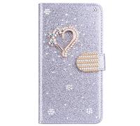 BLOTECH Glitter Leather Case for Samsung Galaxy S9 3D Diamond Buckle & Love Bling Glitter Pattern Leather Flip Book Wallet Shell with Card Slots Book Style Cases Cover for Samsung Galaxy S9,Silver