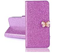 BLOTECH Glitter Phone Case for Honor Magic 8 Pro Purple Glitter Sparkly Leather Flip Case 3D Shiny Butterfly Folio Shiny Phone Clutch Phone Coves Women Luxury Protective Cases for Honor Magic 8 Pro