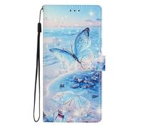 BLOTECH Ladies Wallet Phone Case for Samsung Galaxy S21 Ultra Flip PU Leather Case Blue Butterfly at Sea Pattern Cover with Stand Feature Card Storage Skin Magnetic Clasp Bumper Cover S21 Ultra
