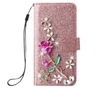 BLOTECH Luxury PU Glitter Wallet for Samsung Galaxy S25FE Bling Case Rose Gold Handmade 3D Rose Flower Rhinestones Sparkle Flip Notebook with Magnetic Kickstand ID Card Holder Book Style Cases