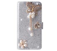 BLOTECH Phone Case for Honor Magic 8 Glitter,Silver Glitter,Handmade Bling, Sparkly Diamonds 3D Butterfly Design,Phone Flip Notebook Wallet Case, Magnetic Kickstand, ID Card Holder