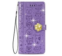 BLOTECH Purple Case for Honor Magic 6 PRO Glitter Wallet Flip PU Leather Case Cellphone Shell Double-sided Pressed Embossing Cut Cat Dog Pattern Phone Covers Wallet Case Card/Cash Holder Pouch