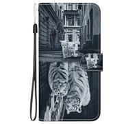 BLOTECH Retro Film Style Color Case for LG K42 Wallet Phone Case Flip Fold Protective Cover with Card Holder and Magnetic Closure Shockproof Cover for Girls, Reflection of a cat and a tiger Pattern