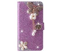 BLOTECH Sparkly Case for Honor Magic 8 Pro Glitter Purple Handmade BlingDiamonds 3D Butterfly Design Flip Notebook Wallet Case with Magnetic Kickstand ID Card Holder Book Style Cases