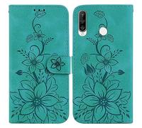 BLOTECH Wallet Case Compatible with Huawei P30 LITE Embossed Flip Wallet Lilies Flowers Cover Relief Sculpture PU Leather Wallet Phone Protective Magnet Clasp Phone Holsters for Huawei P30 LITE,Green