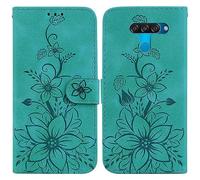 BLOTECH Wallet Case Compatible with LG K50,LG Q60 Embossed Flip Wallet Lilies Flowers Cover Relief Sculpture PU Leather Wallet Phone Protective Magnet Clasp Phone Holsters for LG K50,LG Q60,Green