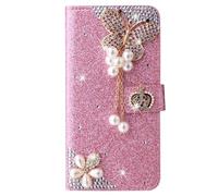 BLOTECH Wallet Case for Motorola MOTO G06 4G Glitter Pink Glitter Handmade Bling Cover Sparkly Diamonds 3D Butterfly Design FlipCase with Magnetic Kickstand ID Card Holder Phone Cases