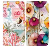BLOTECH Wallet Case for OPPO RENO 11F PU Leather Phone Cover *2 Kickstand RFID Blocking Flip Case Card Slots Wrist Strap Pink Coral + Colourful Flowers Pattern Magnetic Closure Folio Cover