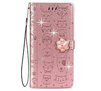 BLOTECH Wallet PU Leather Case for ZTE Blade A75 4G Rose Gold Flip Case Glitter Wallet Cover with 3D Relief Shiny Diamond Protective Cell Phone Cases Cute Cat Dog Pattern