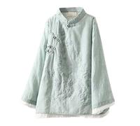 Blouse Black Women's Short Sleeve Embroidered Button Down Linen Shirt for Women, Chinese Zen Tee Clothing, Loose Fit, Contrast Round Neck Top Women's 3/4 Shirt, Green, 4=2XL