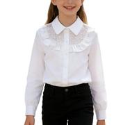Blouse for Girls White Lace Ruffle Collar Button Up Shirts Long Sleeve Soft Tops for Kids School Uniform Back to School Class Photos Casual Outings Trendy White 5 Years
