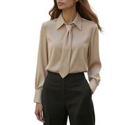 Blouse for Women UK Dressy Tie Collared Neck Tops Cuffed Long Sleeve Shirts Basic Plain Business Top Ladies Office Work Blouses Stylish Shirts for Smart Elegant Casual Outings Khaki