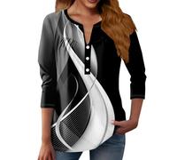 Blouse Ladies Womens 3/4 Length Sleeve Spring Tops Button Up Shirts for Women Loose Fit Plus Size V Neck Blouses Tee V Neck Women (Black, XXXL)