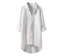 Blouse Shirt Women's Large Size Linen Blouse Summer 3/4 Sleeve Linen Dresses Summer Knee-Length Blouse Dress Vintage Elegant Long Blouse Linen Tunic Women's Long Sleeve Blouse - Long Shirt, White,