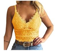 Blouse with Broderie Women's Short Sleeve Cotton Women's Tank Tops Cami Camisoles Spaghetti Strap Tanks with Lace Trim Tank Top V Neck Tank Tops Elegant Vest Sexy T-Shirts Stretch Tank Top, yellow, S