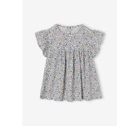 Blouse with Flower Motifs & Short Ruffled Sleeves for Girls printed white