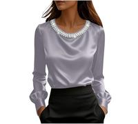 Blouse Women's Elegant Silk Blouse Long Sleeve Pearl Round Neck Satin Round Neck Blouse with Puffed Sleeves Loose Fit Silk Soft Silky Shirt Silk Tops Business Outfit Casual Blouse Shirt, light purple