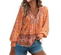 Blouse Women's Elegant Tunic Women's 70s Outfit Boho Top V-Neck Floral Pattern Loose Boho Blouse Indian Clothing Flowers Oversize Long Sleeve Shirt, orange, M
