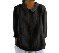 Blouse Women's Summer Linen Blouse Women's 3/4 Sleeve Peter Pan Collar Blouse Top Plain Elegant T-Shirt 2026 Casual Loose Women's Blouse Shirt Airy Breathable Summer Blouse Top Tops, black, 3XL