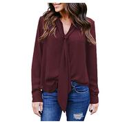 Blouses and Tops, Women's Solid Long Sleeved V-Neck Casual Tie Chiffon Shirt Top Blouse, Blouses for Women Elegant (Wine L)