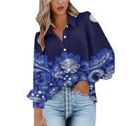 Blouses for Women Puff Long Sleeve V Neck Collared Button Down Shirt Ladies Vintage Floral Print Fashion Tops (Z09-Blue, XL)