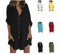 Blouses for Women UK Elegant Smart Summer Long Sleeve Button Down Shirts Ladies Long Top Plain Loose Casual Blouses T-Shirt Beach Holiday Tees Oversized My Orders Black