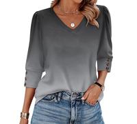 Blouses for Women UK Elegant Smart Woman Clothes Womens Tops Size 12 3/4 Length Sleeve with Button Casual Solid Color/Gradient Printed V Neck Tunic Classic Trndy Long Ladies Fashion Comfy(Gray, S)