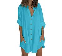 Blouses for Women UK Plus Size Summer Long Sleeve Button Down Shirts Ladies Long Top Plain Loose Casual Blouses T-Shirt Beach Holiday Tees Oversized My Orders Light Blue