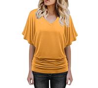 Blouses for Women UK Plus Size V Neck Short Bat Sleeve T Shirt Oversized Ruched Hem Solid Color Tee Shirts Ladies Summer Casual Soft Going Out Tunic Tops