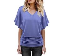Blouses for Women UK Plus Size V Neck Short Bat Sleeve T Shirt Oversized Ruched Hem Solid Color Tee Shirts Ladies Summer Casual Soft Going Out Tunic Tops