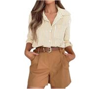 Blouses for Women UK Striped Dress Shirts Button Down Shirt Casual Loose Long Sleeve Office Work Tunic Tops Collared Neck Roll Up Long Sleeve Blouse Regular Fit Tee Shirt with Pocket Yellow