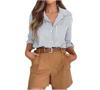 Blouses for Women UK Striped Dress Shirts Button Down Shirt Casual Loose Long Sleeve Office Work Tunic Tops Collared Neck Roll Up Long Sleeve Blouse Regular Fit Tee Shirt with Pocket Blue