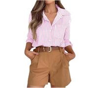 Blouses for Women UK Striped Dress Shirts Button Down Shirt Casual Loose Long Sleeve Office Work Tunic Tops Collared Neck Roll Up Long Sleeve Blouse Regular Fit Tee Shirt with Pocket Pink