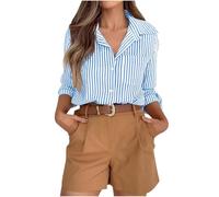 Blouses for Women UK Striped Dress Shirts Button Down Shirt Casual Loose Long Sleeve Office Work Tunic Tops Collared Neck Roll Up Long Sleeve Blouse Regular Fit Tee Shirt with Pocket Sky Blue