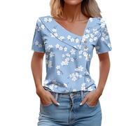Blouses for Womens Asymmetric Neck Polka Dots Tees Color Block Summer Blouses Floral Print Boho Ladies Tops Button Decor T Shirts Short Sleeve Casual Outdoor Basic Tunic Loose Plus Size Clearance