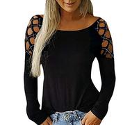 Blouses Shirt Women, Women Fashion Crew Neck Hollow-Out Studded Long Sleeve T Shirts Casual Tops, Tops for Women (Black M)