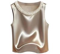 Blouses Women's Elegant Satin Crew Neck Blouse with Pearls Long Sleeve Puffed Sleeves Baggy Luxurious Silk Soft Elegant Silky Shirt Silk Tops Business Outfit Strappy Top Casual Satin Blouse, O Beige