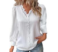 Blouses Women's Long Sleeve with V-Neck and Simple Lace Elegant Shirt Plain Tunic Comfortable T-Shirt Casual Puff Sleeve Blouse Summer Leisure Long Sleeves Loose Tops Casual Tops, White, M