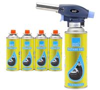 Blow Torch with 4 Butane Gas Bottles - for Camping, Cooking, Kitchen, BBQ, Desserts, Creme Brulee | Refillable Flamethrower Welding Refill Auto Ignition Soldering Weed Burning Blowtorch Lighter