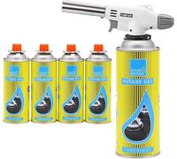 Blow Torch with 4 Butane Gas Bottles - for Camping, Cooking, Kitchen, BBQ, Desserts, Creme Brulee | Refillable Flamethrower Welding Refill Auto Ignition Soldering Weed Burning Blowtorch Lighter